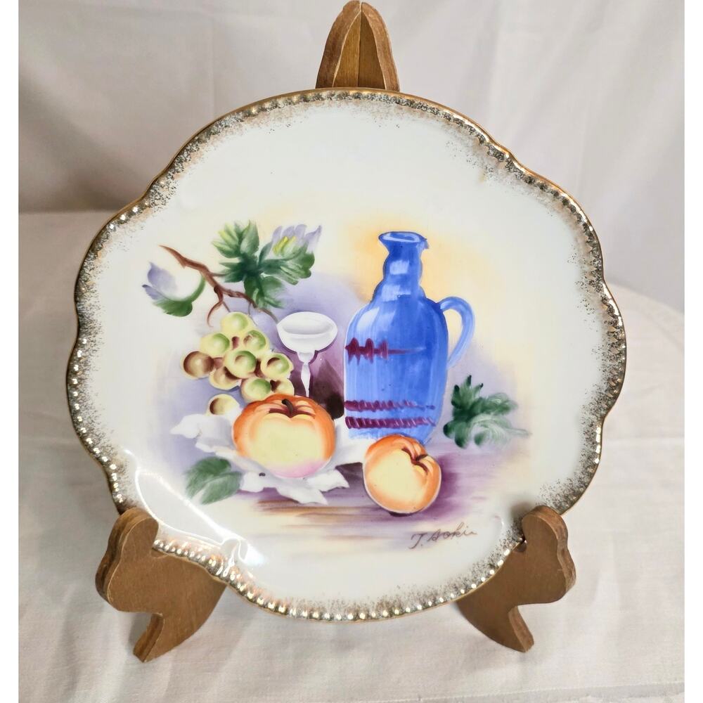 Vtg T. Sokir Hand Painted Porcelain Still Life Decorative Wall Plate Gold Trim